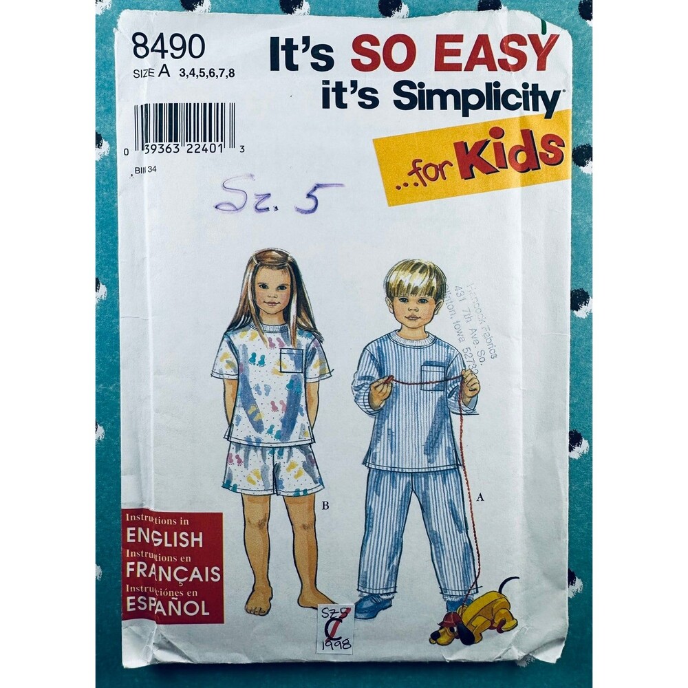 Simplicity Pattern 8490 Sz 3-5 Child Pajamas PJs Rib Knit Collar Unisex *READ*